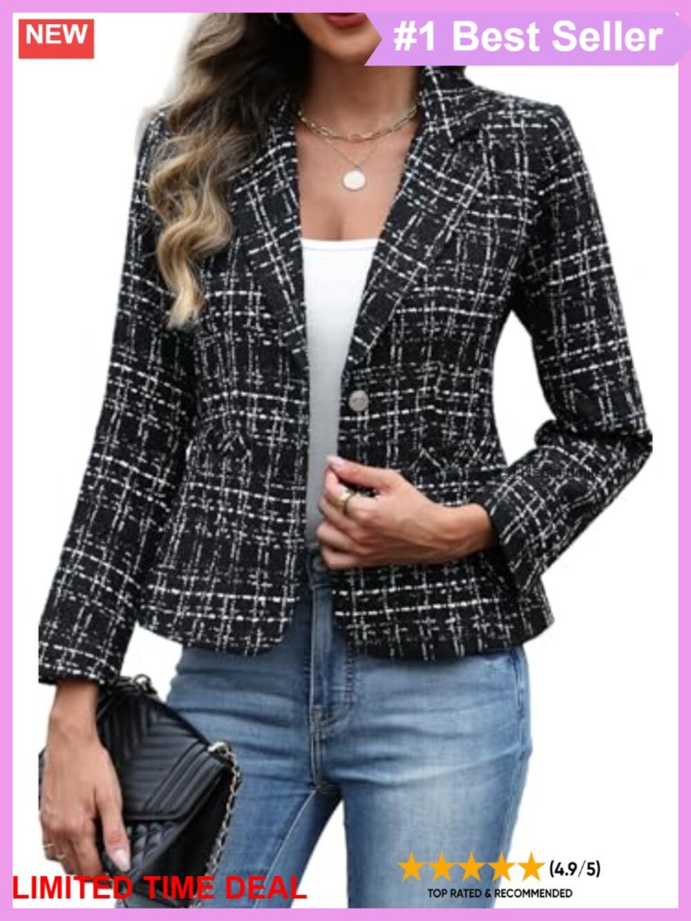 Women's Tweed Blazer Long Sleeve Notch Lapel Two Button Slim Fit Business Casual